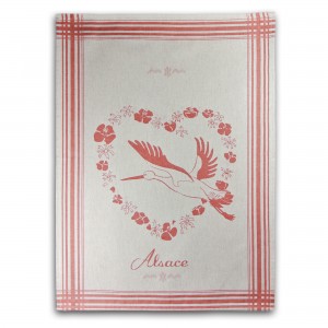 Torchon Jacquard "Alsace" Cigogne et Coeur - 100% coton